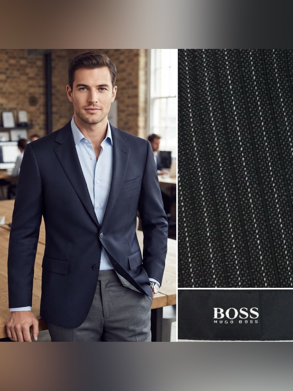 Hugo Boss Men’s 42R Charcoal Virgin Wool Pinstriped Pasolini Blazer Jacket Coat